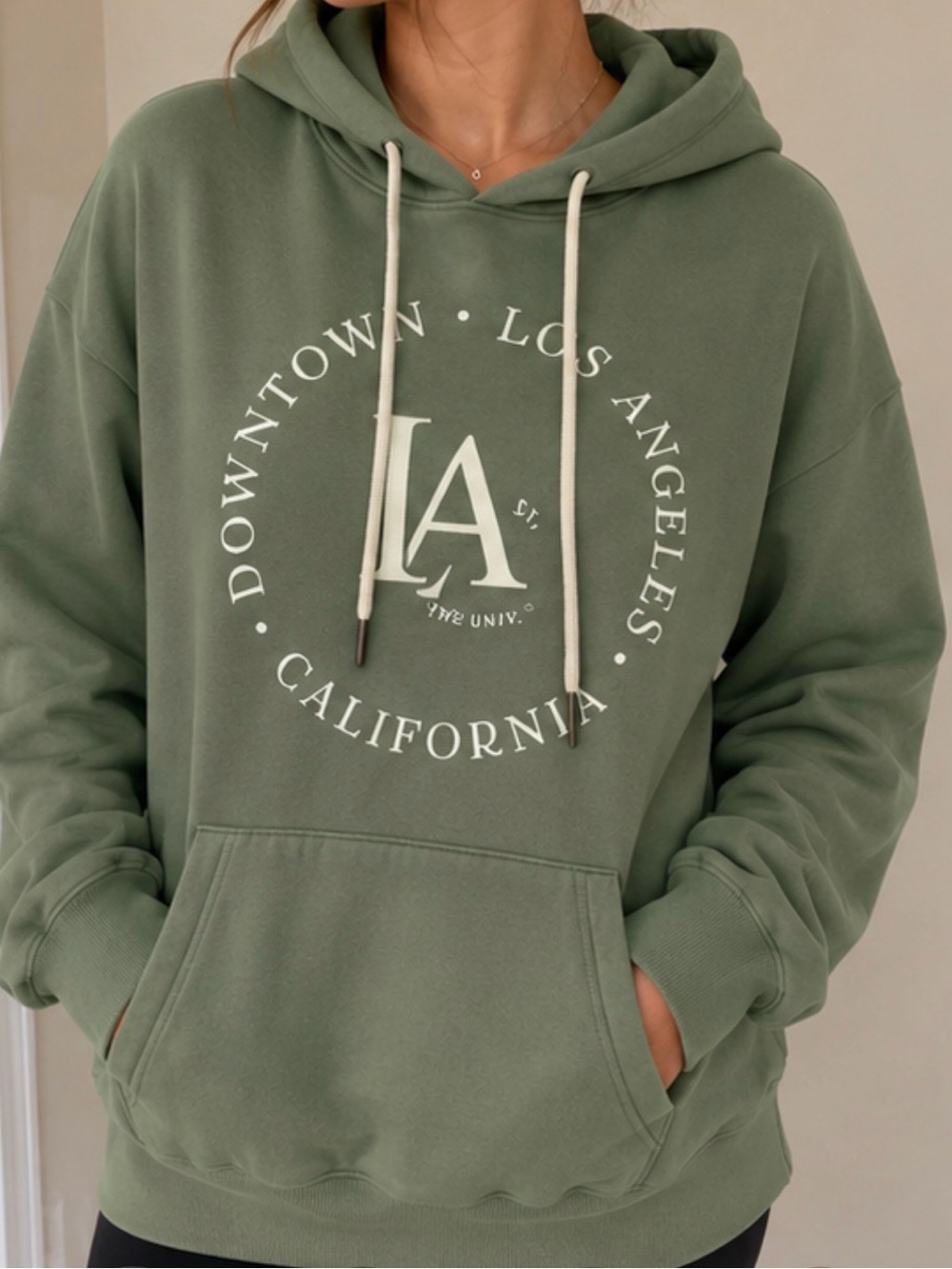H&M Olive Green LA California Graphic Pullover Hoodie
